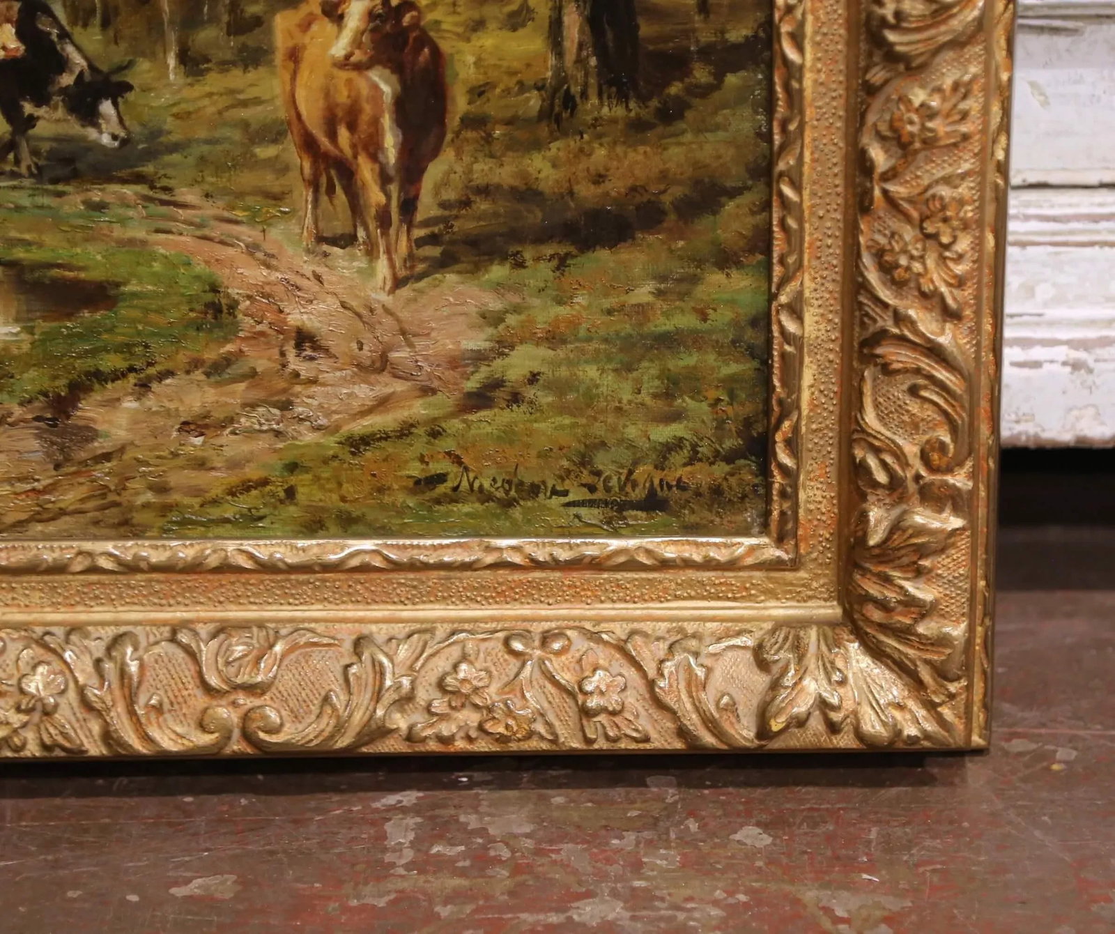 19th C. French Oil Painting With Herd in Carved Frame Signed Theodore Levigne - 4