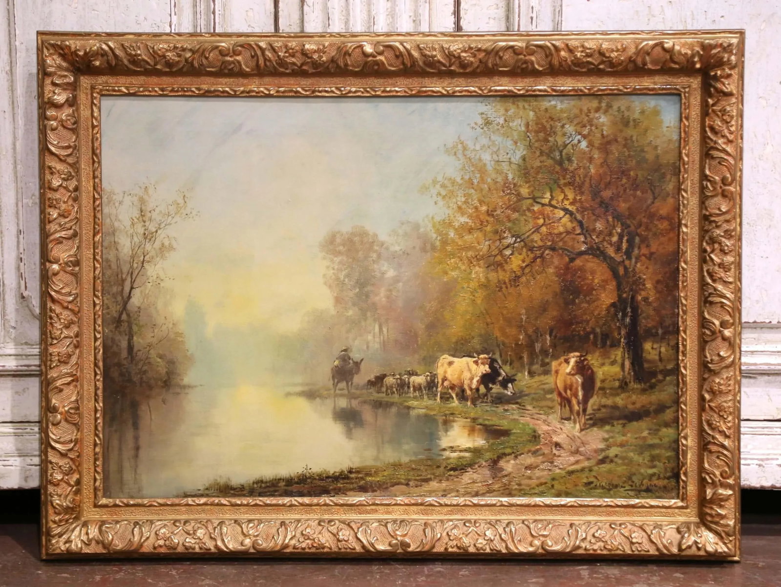 19th C. French Oil Painting With Herd in Carved Frame Signed Theodore Levigne - 6