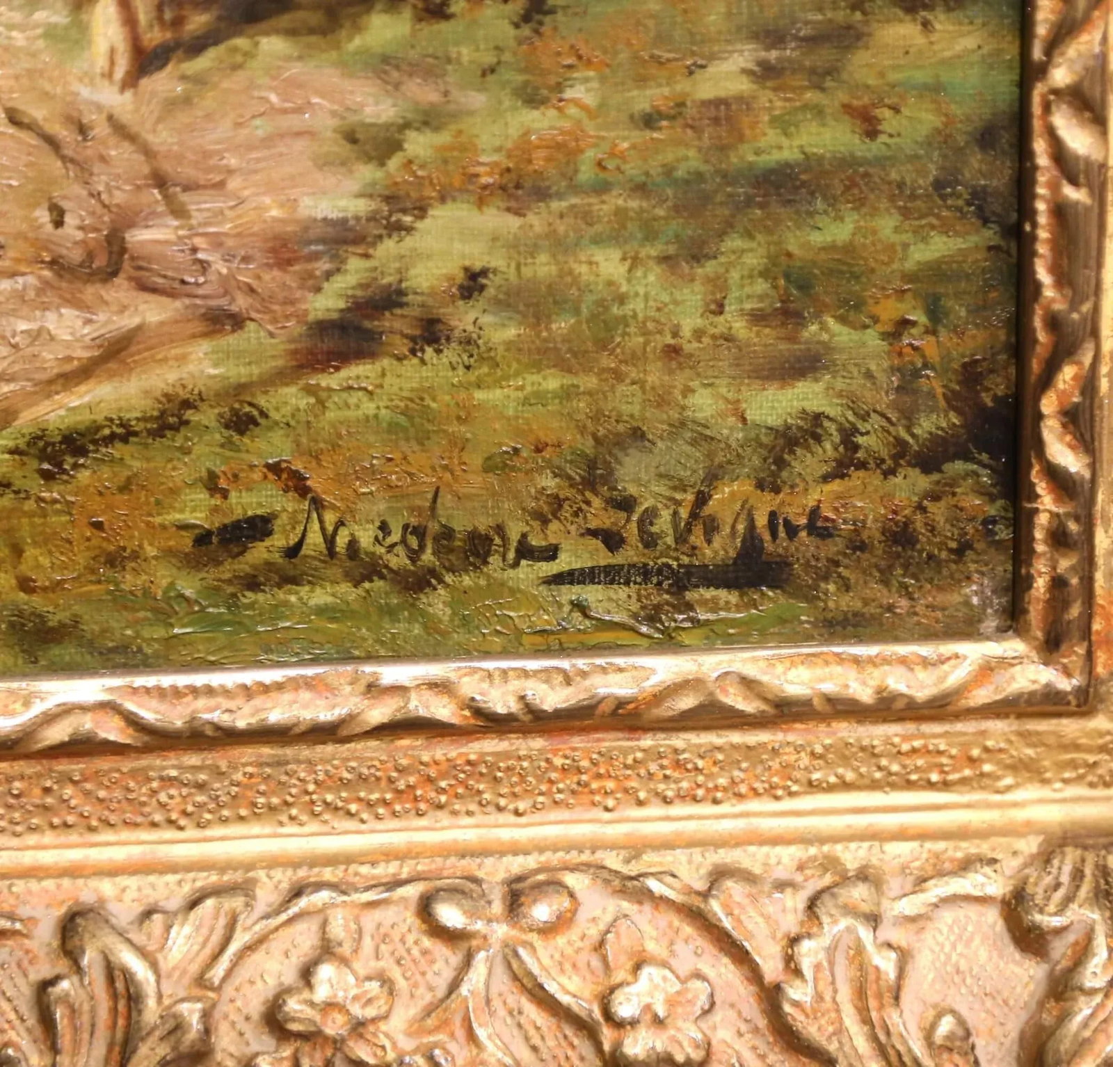 19th C. French Oil Painting With Herd in Carved Frame Signed Theodore Levigne - 7