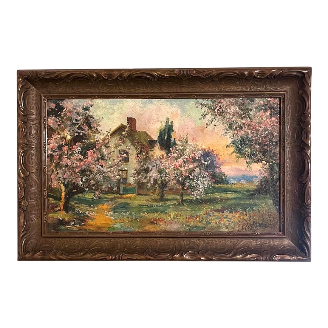 Early 1900s Antique Landscape Oil Painting in Period Frame. Signed: Add a touch of color to your decor with this early 1900s landscape painting depicting a cottage surrounded by blooming trees. This beautiful painting is highlighted by an exquisite ornate gilt frame