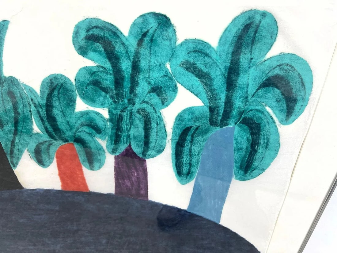 1970s Large 44" Original Signed Carol Summers Palm Tree Woodcut Framed - 7