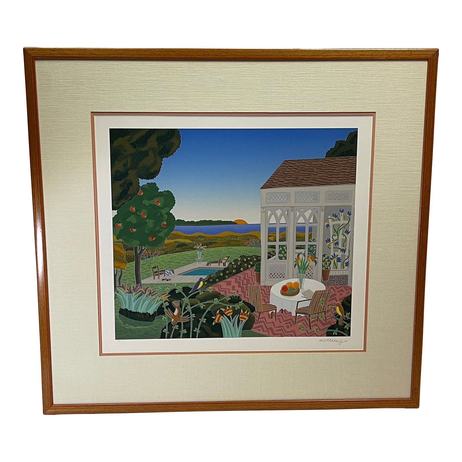 Late 20th Century Rare Thomas McKnight Serigraph on Canvas Limited Hard to Find - Numbered & Signed: A hard to find and limited serigraph - Signed and numbered 98/175 by the artist - Image of an outdoor backyard with apple tree, pool, gazebo and a sunrise over the water. Beautiful Professionally fram