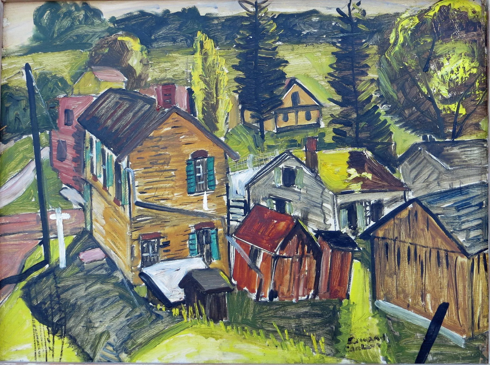 Regionalist Oil on Masonite, Signed Edward Carlson: Artist: Edward Carlson - American 20th century Title: Fall 1950 Year: 1950 Medium: Oil on Masonite Sight size: 17.25 x 23.25 inches. Framed size: 22 x 28 inches Signature: Signed lower right