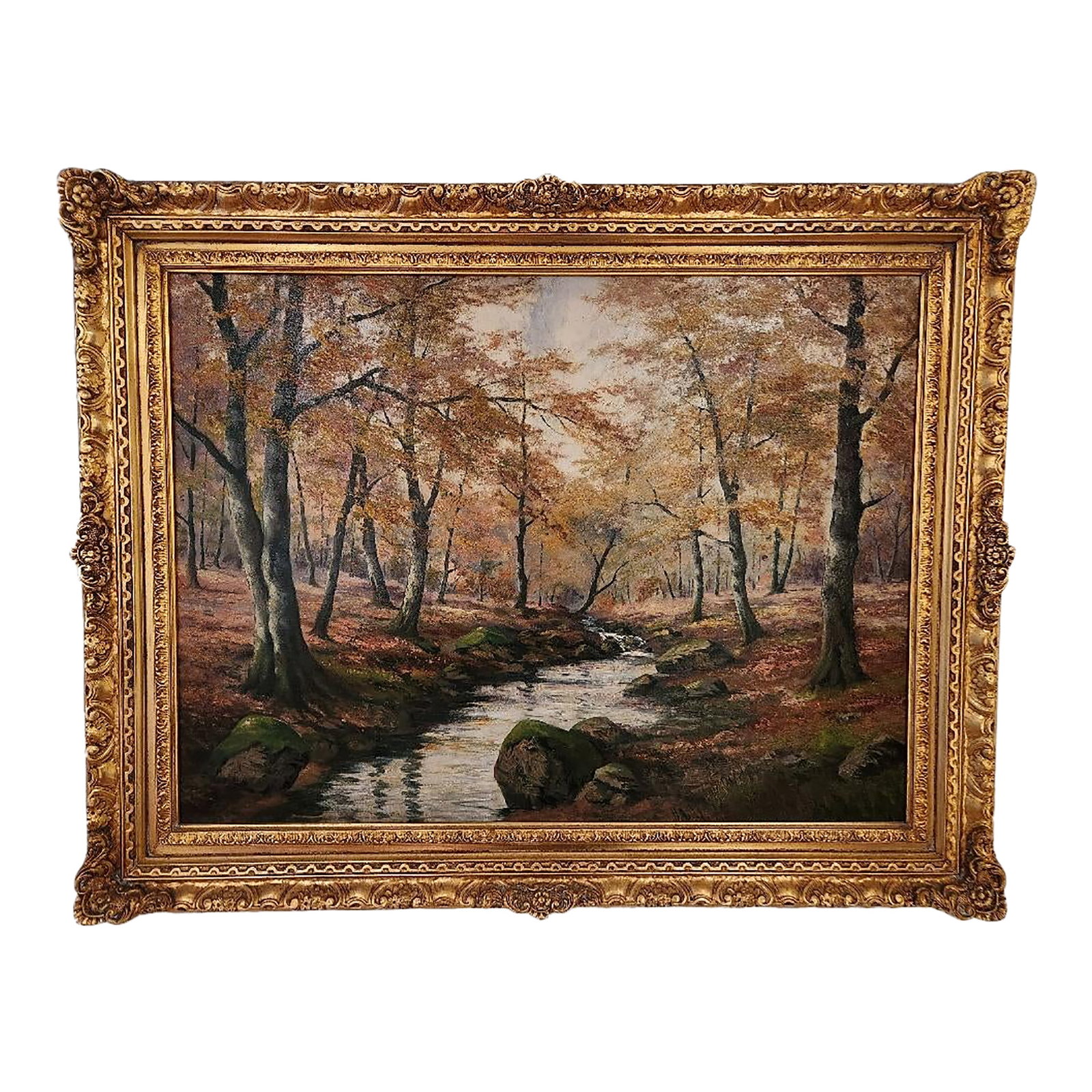 Signed 20th Century German Fall Landscape Painting in Gilt Frame: Large vintage oil painting on canvas signed in the lower right, by the artist E. Heinrichs, titled "September". The painting has been professionally cleaned and has been in a smoke-free environment. T
