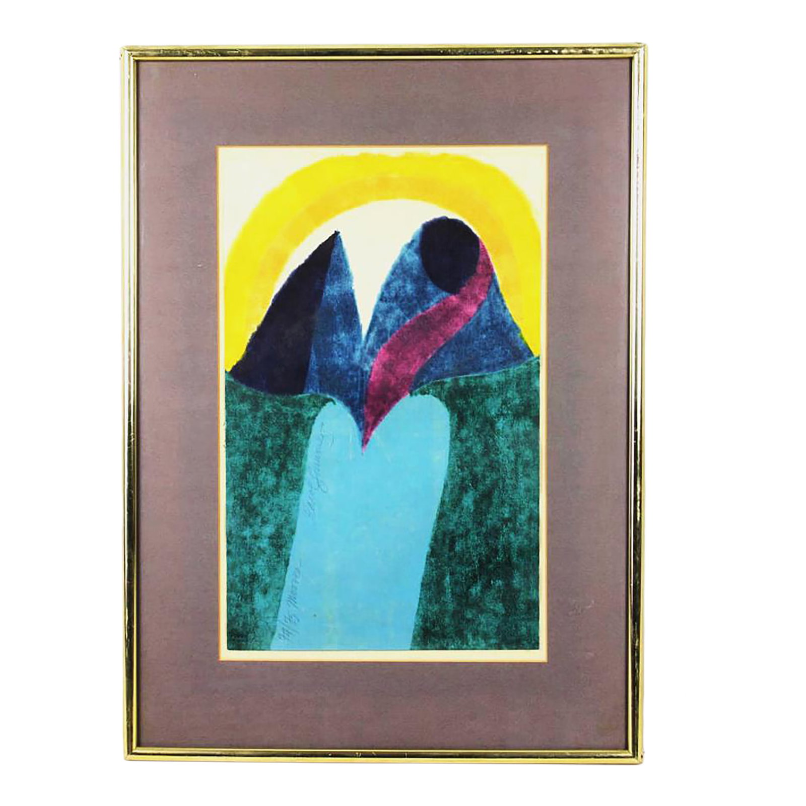 Original Signed Carol Summers "Moorea" Woodcut 74/75, Framed: Carol Summers 'Moorea' woodcut print, 74/75. 1980. Mid Century Modern Pencil Signed Carol Summers Woodblock Print. Signed, titled and numbered to left side 'AP Moorea Carol Summers'. It has a label on