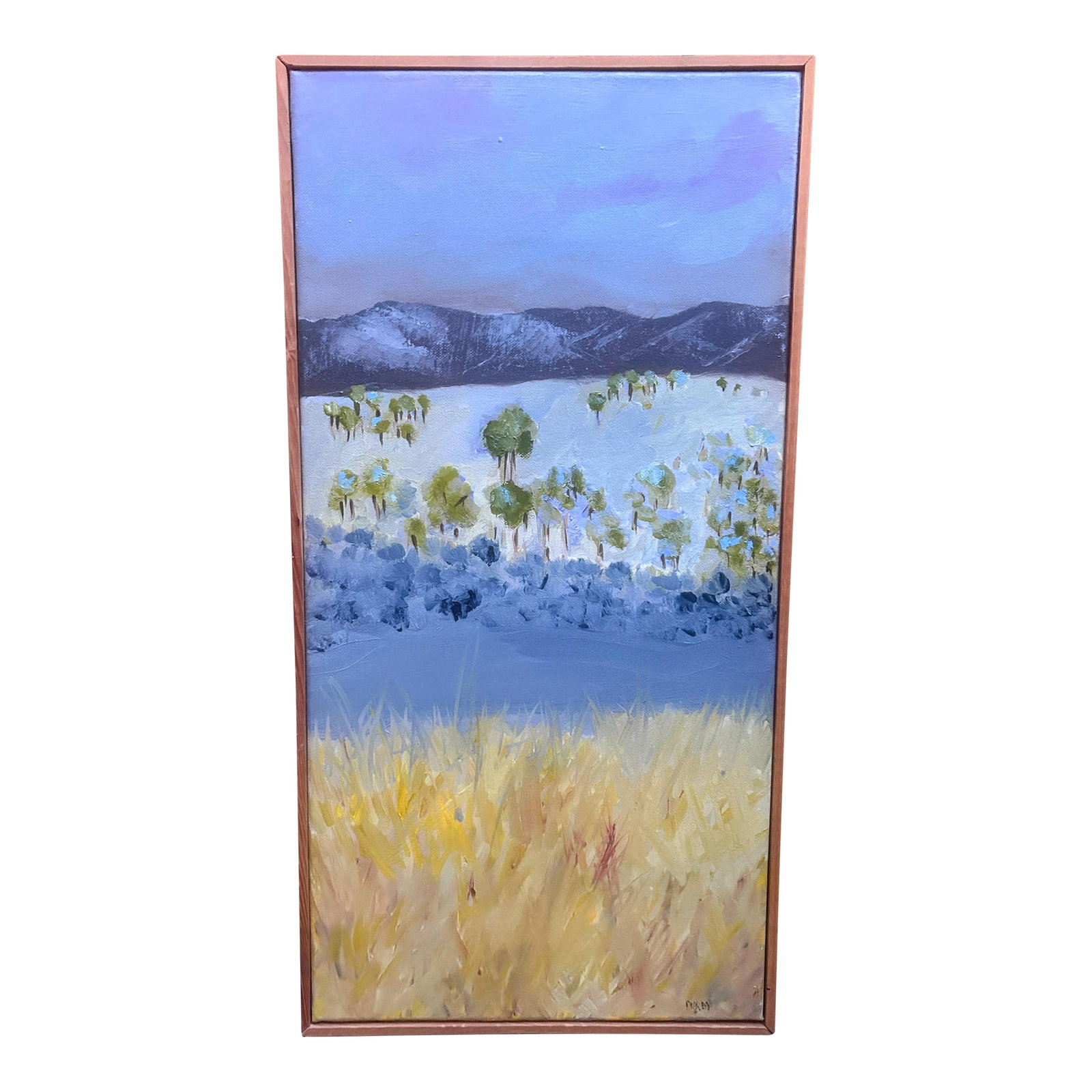 Original Signed "Blue Landscape" Framed Oil Painting: Original signed "Blue Landscape" framed oil painting by artist Lisa Purdy. Acquired at artist sale auction in 2017. Condition: Alterations: Original Condition Unaltered Imperfections: Some