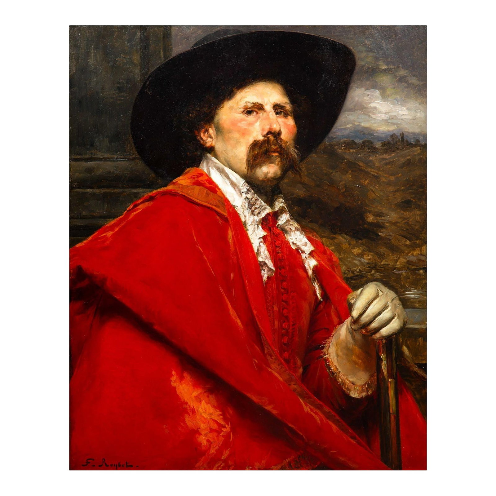 Ferdinand Roybet (French, 1840-1920) Portrait Painting of a Cavelier Ca. 1900: FERDINAND VICTOR LEON ROYBET French, 1840-1920 "L'homme au manteau rouge" (The Man in the Red Coat) Oil on cradled wooden panel | panel numbered and labeled "15903" | signed lower left "F. Roybet" |
