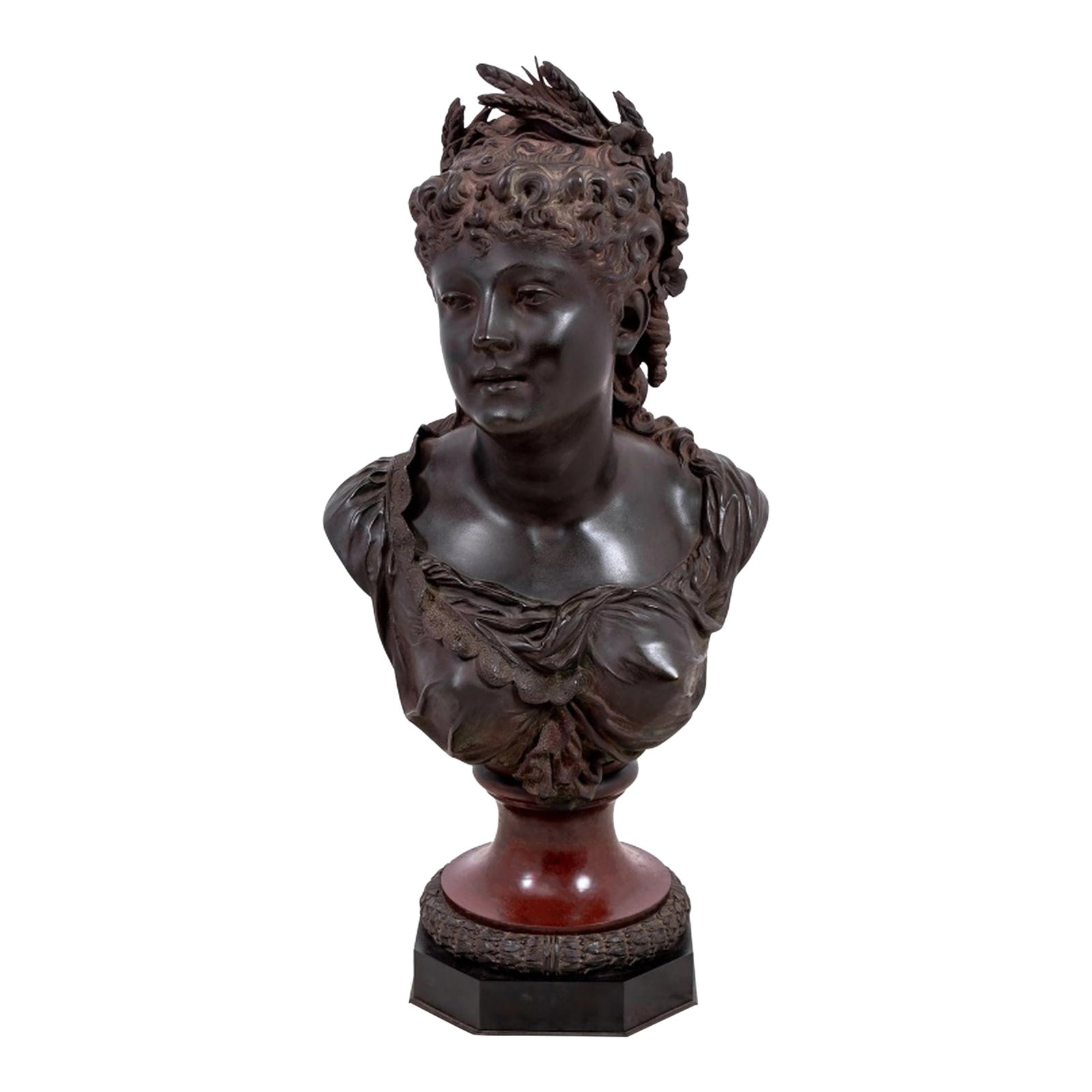 Pierre Louis Detrier Bronze Bust of a Woman: Pierre Louis Detrier (French, 1822-1897) Bronze Bust of a Woman, late 19th century, the beauty wearing a floral crown and flowing dress, signed, on a Rouge Griotte marble socle with laurel border, on 