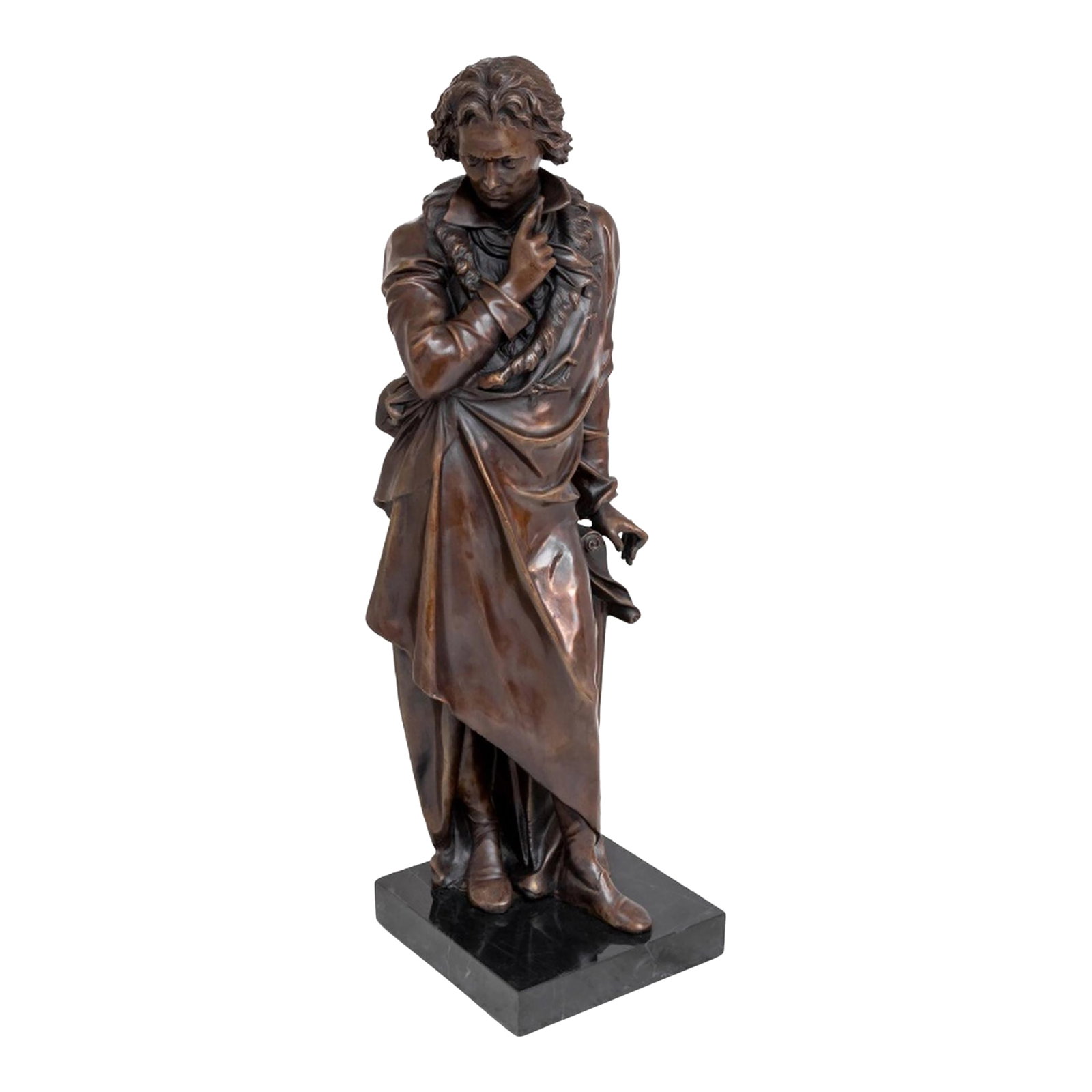 Figure of Beethoven Patinated Bronze Sculpture: Figure of Beethoven Patinated Bronze Sculpture, late 19th century, the standing composer in thought on a square black marble plinth. 28" H x 8" W x 8" D. Condition: Alterations: Unknown