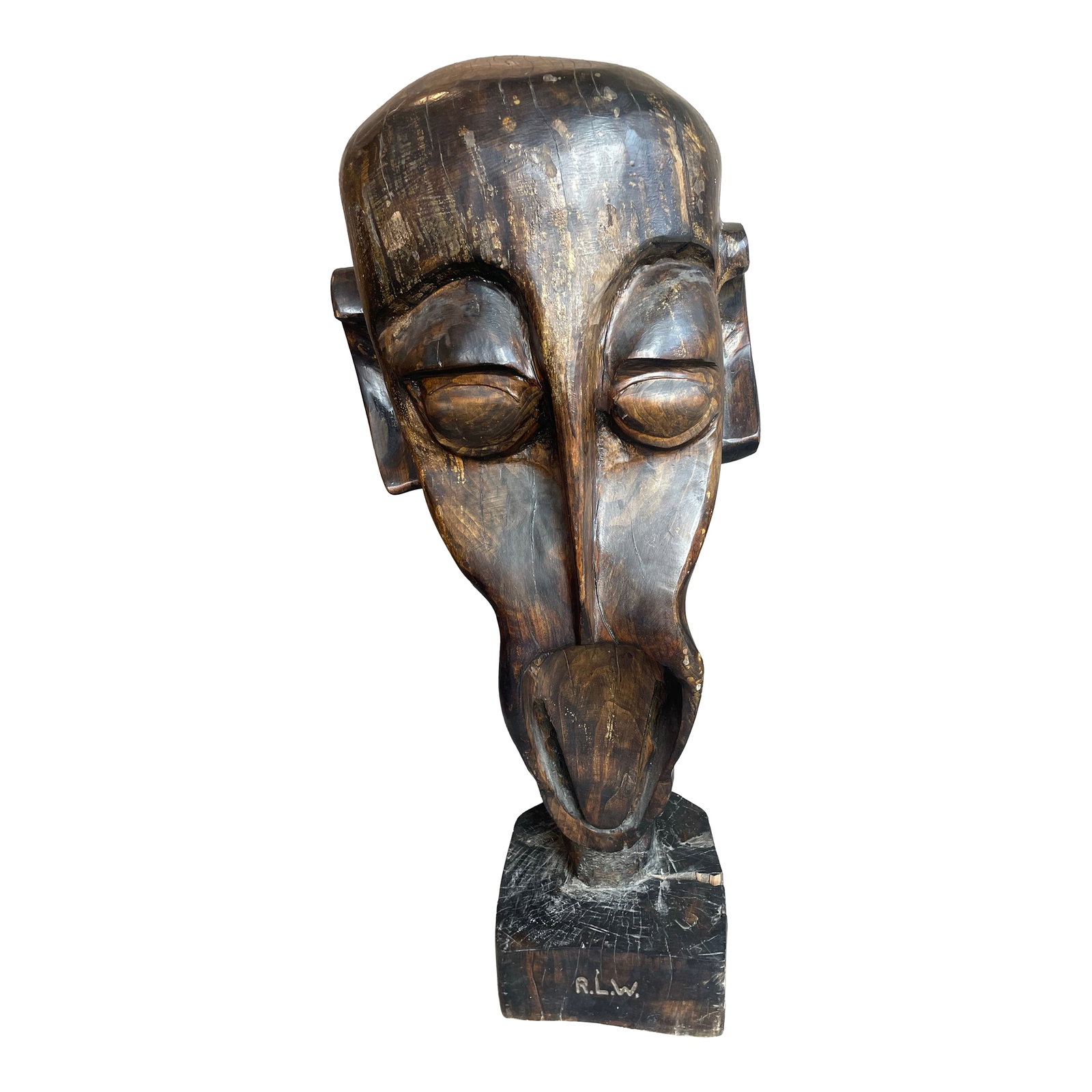 1990s Huge Vintage Wood Sculpture: This piece is a statement to say the least. Huge, dramatic, yet peaceful and calming. There are initials engraved RLW but I cannot seem to confirm it's artist. The previous owner purchased it in the 9