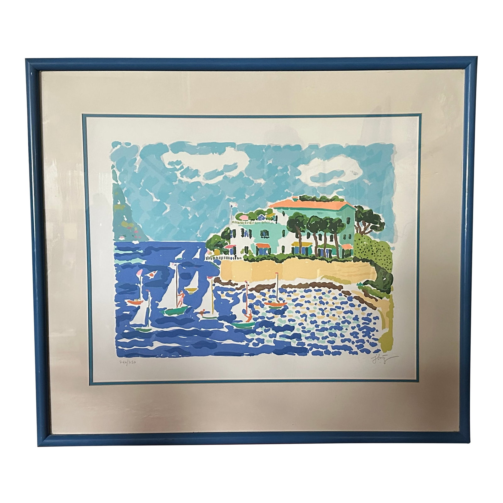 Original Lithograph Seaside John Botz Signed and Numbered 246/250: Large charming brilliant sea scape. Original lithograph by John Botz American Artist 1925 - 2002 The lithograph is in beautiful condition. Original frame with some light signs of wear appropriate fir