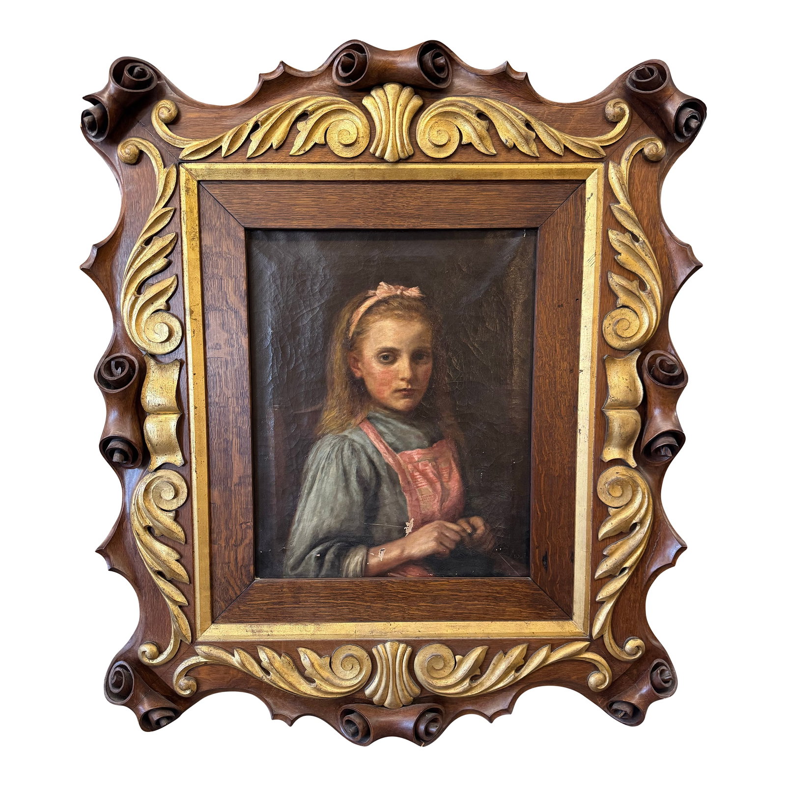 Alice in Wonderland Portrait, Oil Painting, Circa 1800s: A mesmerizing 19th-century oil portrait of a young girl, believed to represent Alice Liddell, the real-life muse for Lewis Carroll's Alice's Adventures in Wonderland. Signed by the artist "E. Young," 