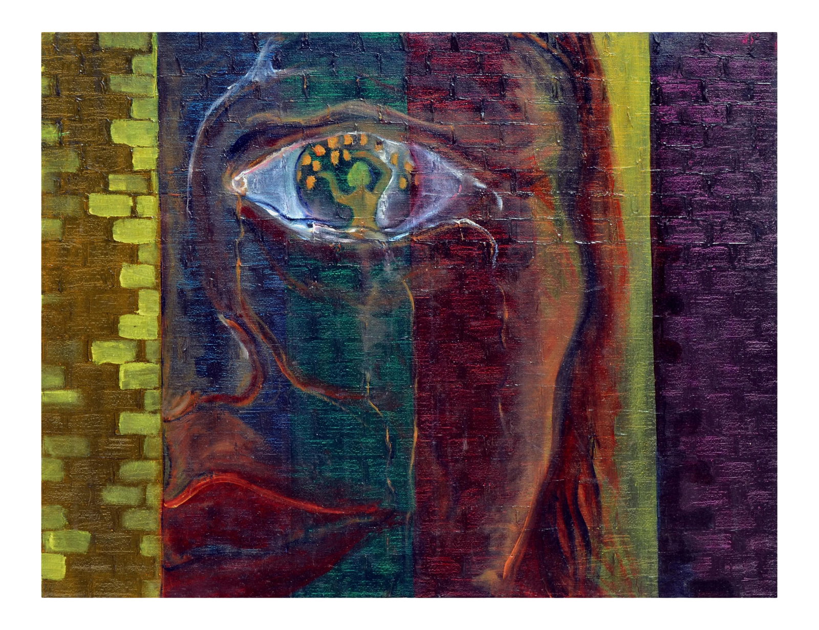 1980s Abstract Expressionist Close up Portrait "Vision": Abstract Expressionist oil painting of a face by an unknown California artist. Unsigned. Unframed. Image, 24"H x 36"W Condition: Alterations: Unknown Imperfections: Some Imperfections Condition