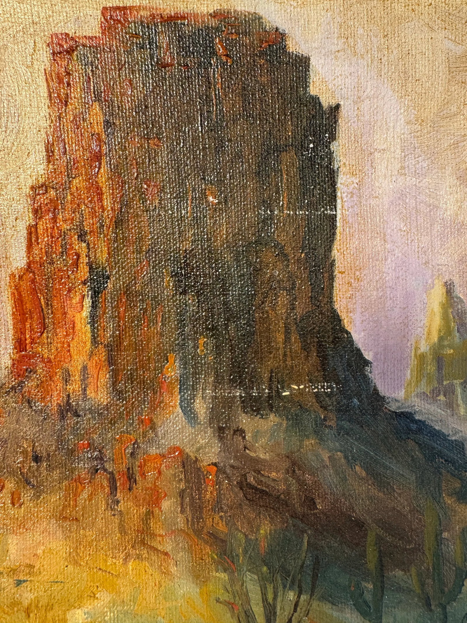 Vintage American Southwest Landscape Framed Original Oil Painting, Gold, Lavender, Burnt Orange - 10