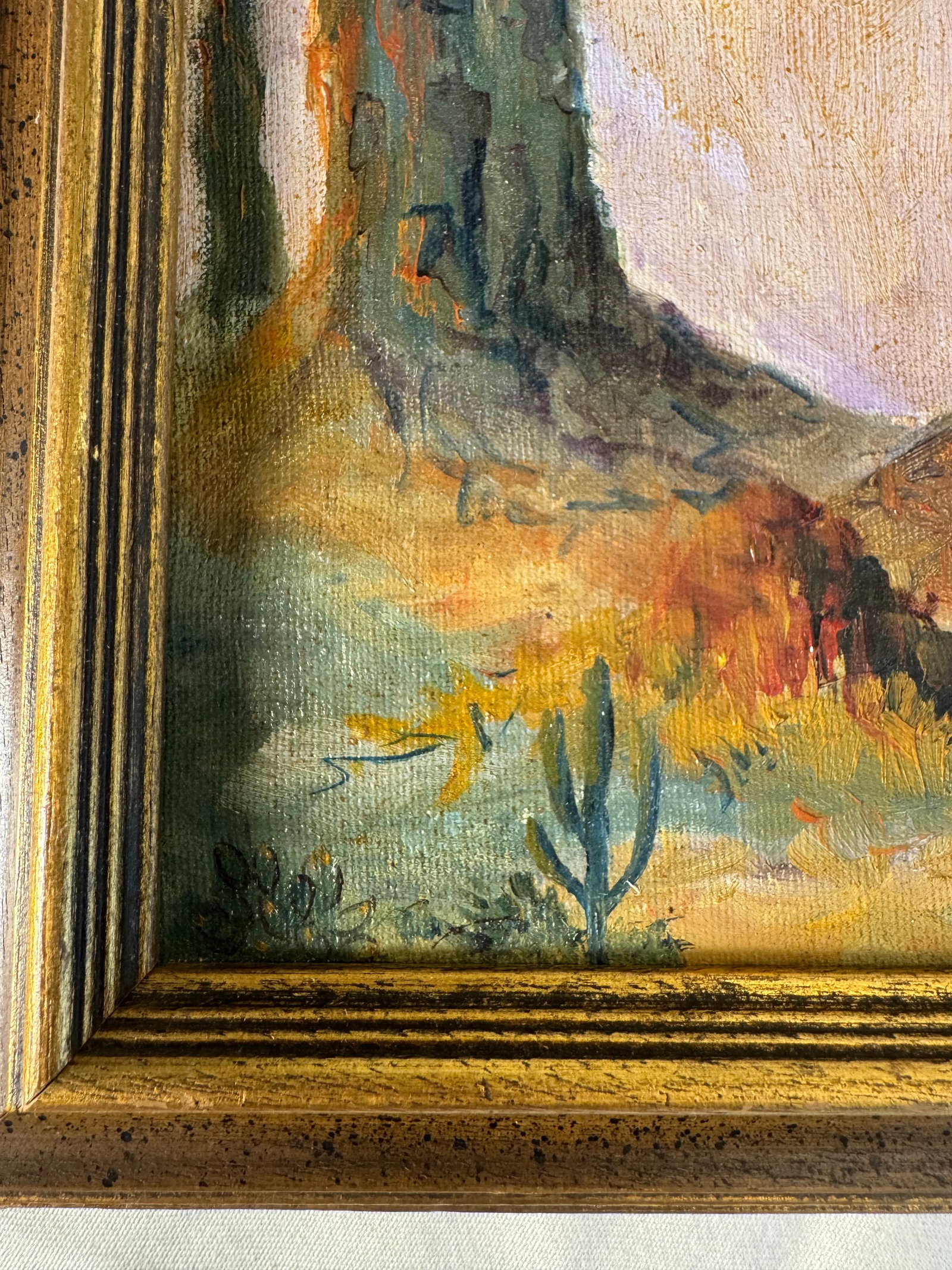 Vintage American Southwest Landscape Framed Original Oil Painting, Gold, Lavender, Burnt Orange - 11