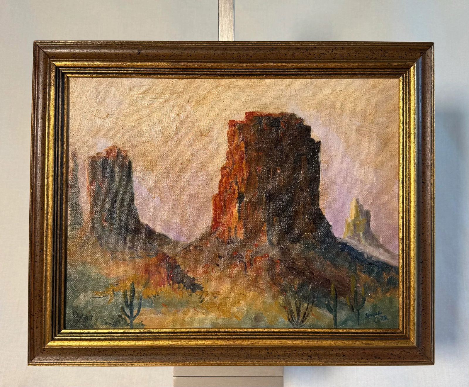 Vintage American Southwest Landscape Framed Original Oil Painting, Gold, Lavender, Burnt Orange - 2