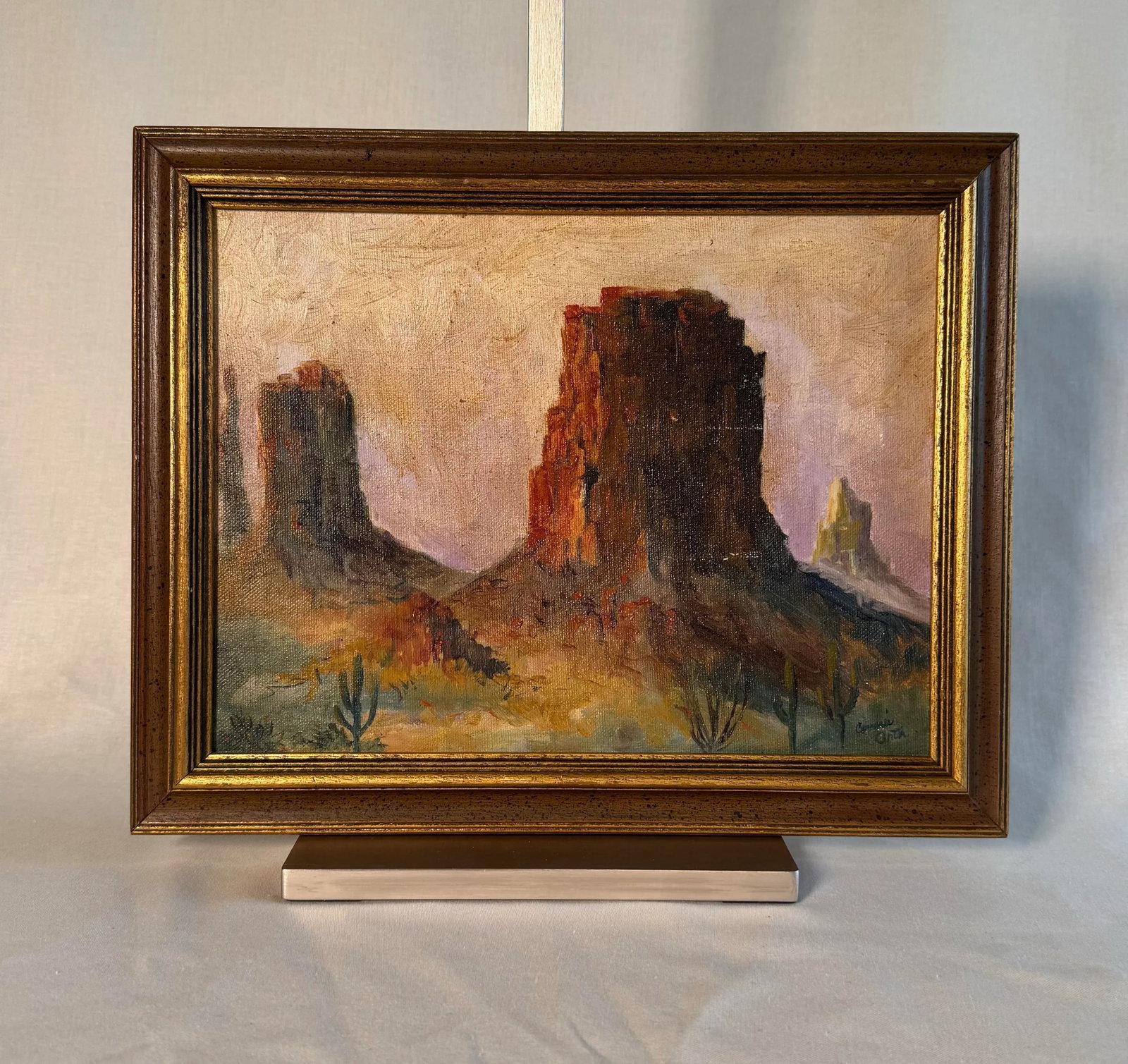 Vintage American Southwest Landscape Framed Original Oil Painting, Gold, Lavender, Burnt Orange - 3