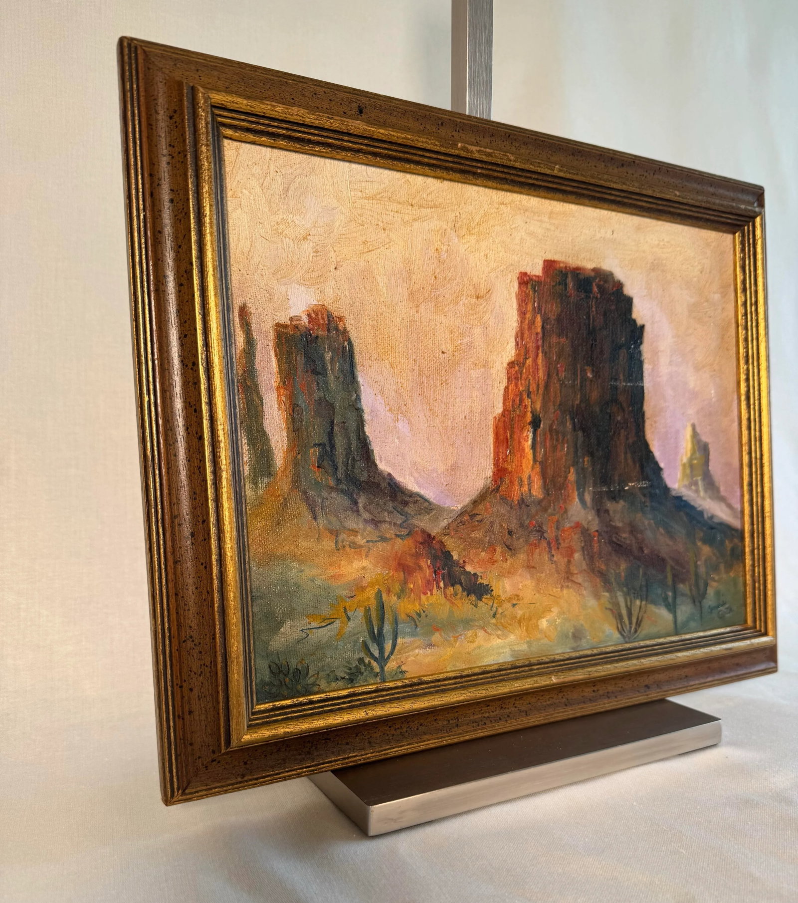 Vintage American Southwest Landscape Framed Original Oil Painting, Gold, Lavender, Burnt Orange - 4