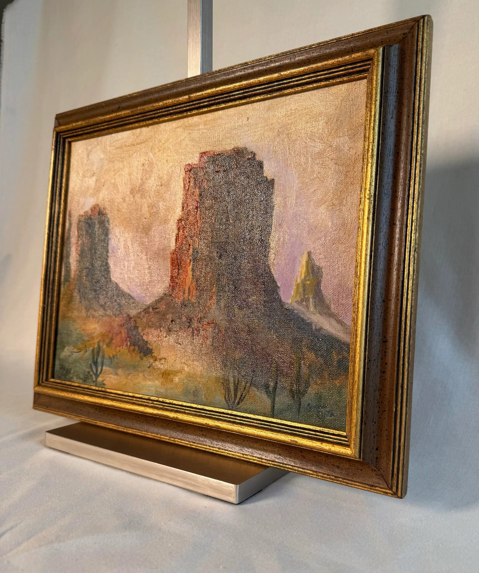 Vintage American Southwest Landscape Framed Original Oil Painting, Gold, Lavender, Burnt Orange - 5