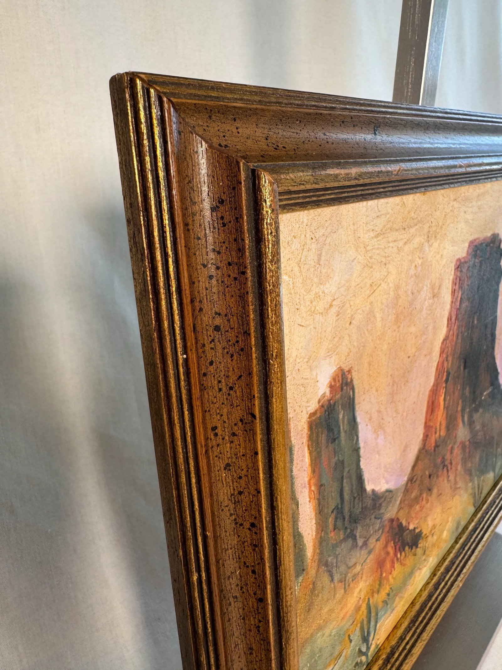 Vintage American Southwest Landscape Framed Original Oil Painting, Gold, Lavender, Burnt Orange - 6