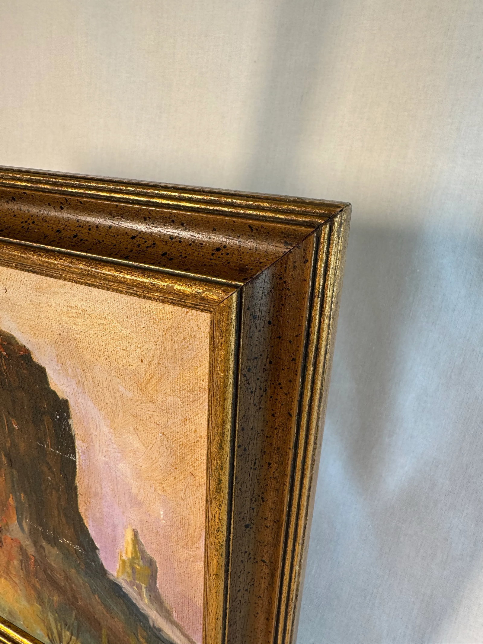 Vintage American Southwest Landscape Framed Original Oil Painting, Gold, Lavender, Burnt Orange - 7