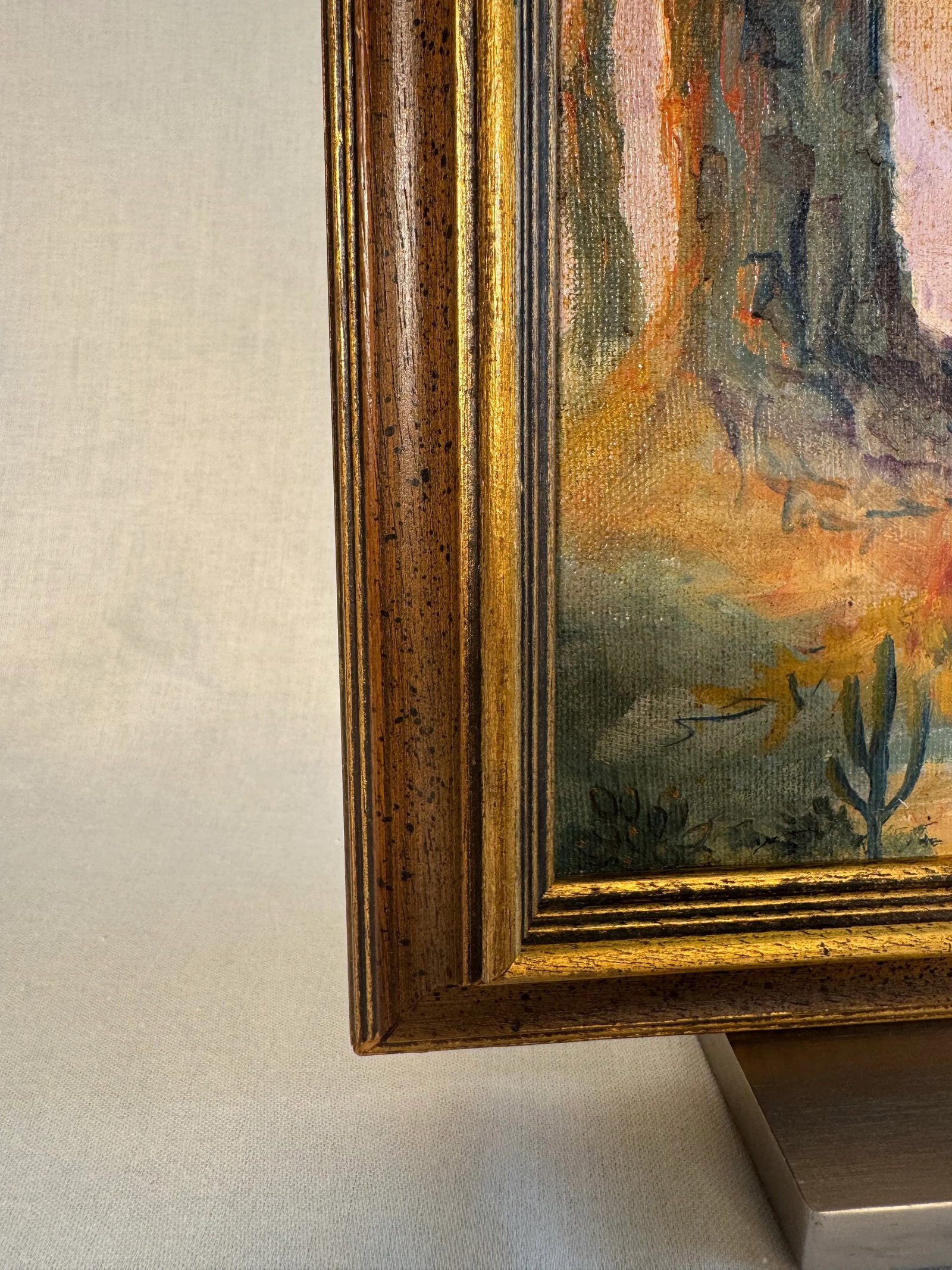 Vintage American Southwest Landscape Framed Original Oil Painting, Gold, Lavender, Burnt Orange - 8