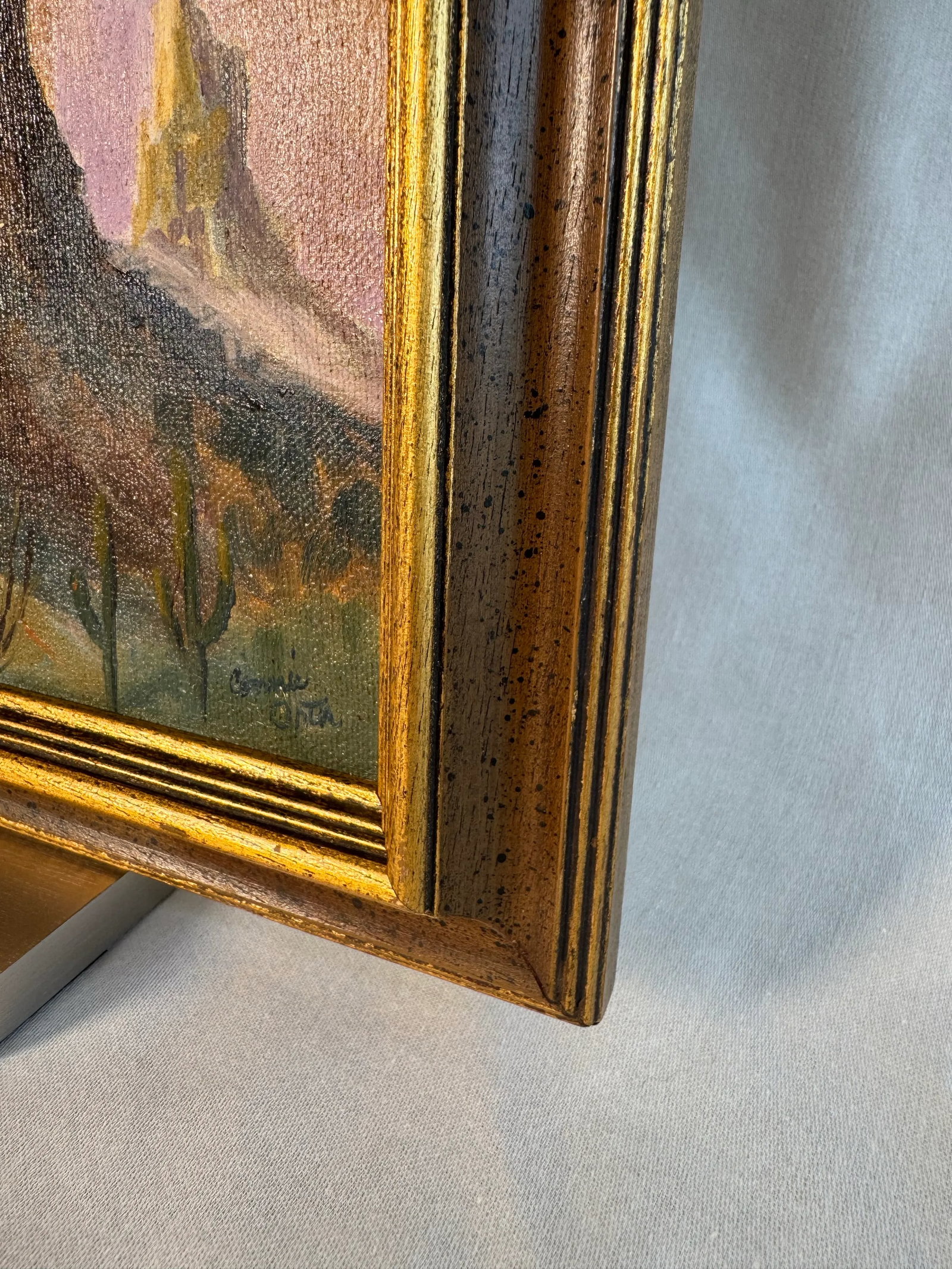 Vintage American Southwest Landscape Framed Original Oil Painting, Gold, Lavender, Burnt Orange - 9