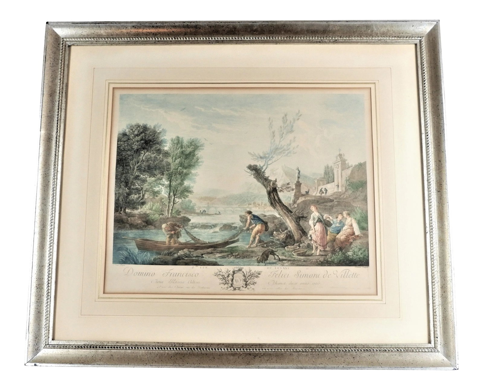 Antique 1700's French Harbor Fishing Scene Hand Tinted Print of Etching by Joseph Vernet, Framed: Antique French hand tinted print of etching depicting harbor fishing scene with figures, structures and boats after Joseph Vernet, "2nd Vue Du Levant; Domino Francisco, Felicia Simoni de Villette;