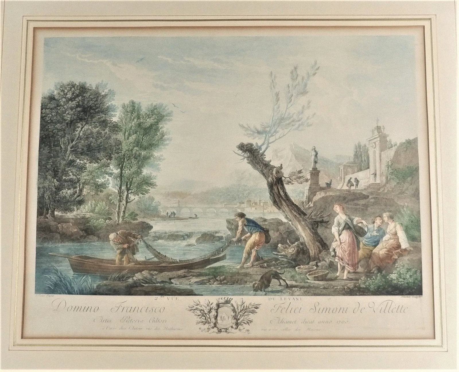 Antique 1700's French Harbor Fishing Scene Hand Tinted Print of Etching by Joseph Vernet, Framed - 2