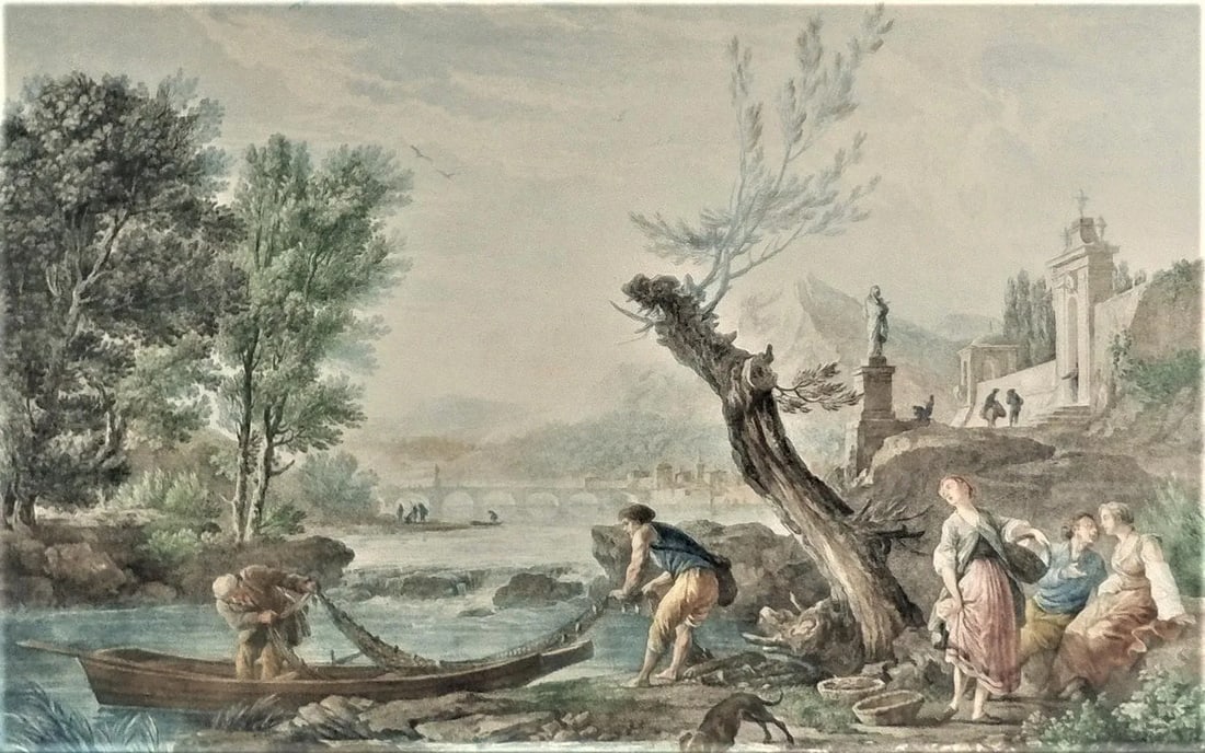 Antique 1700's French Harbor Fishing Scene Hand Tinted Print of Etching by Joseph Vernet, Framed - 3
