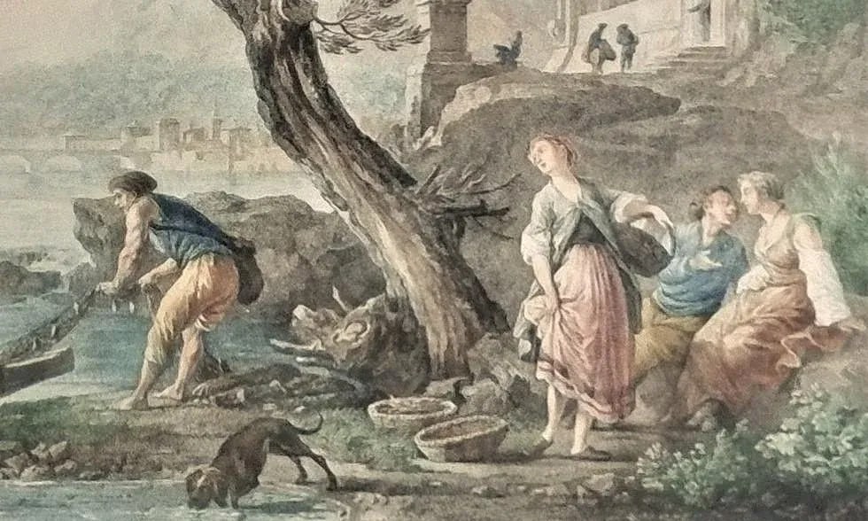 Antique 1700's French Harbor Fishing Scene Hand Tinted Print of Etching by Joseph Vernet, Framed - 4