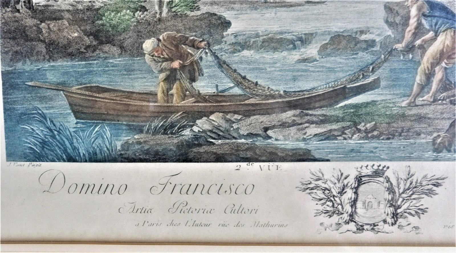 Antique 1700's French Harbor Fishing Scene Hand Tinted Print of Etching by Joseph Vernet, Framed - 6