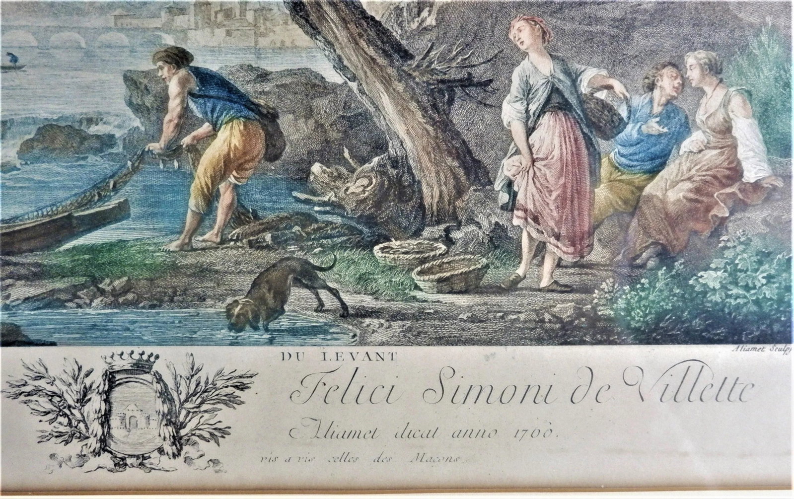 Antique 1700's French Harbor Fishing Scene Hand Tinted Print of Etching by Joseph Vernet, Framed - 7