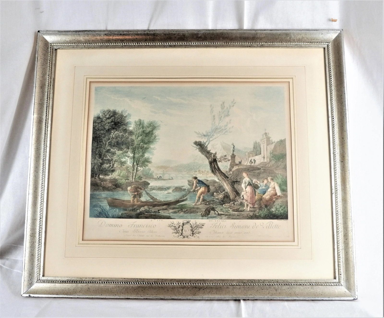 Antique 1700's French Harbor Fishing Scene Hand Tinted Print of Etching by Joseph Vernet, Framed - 9