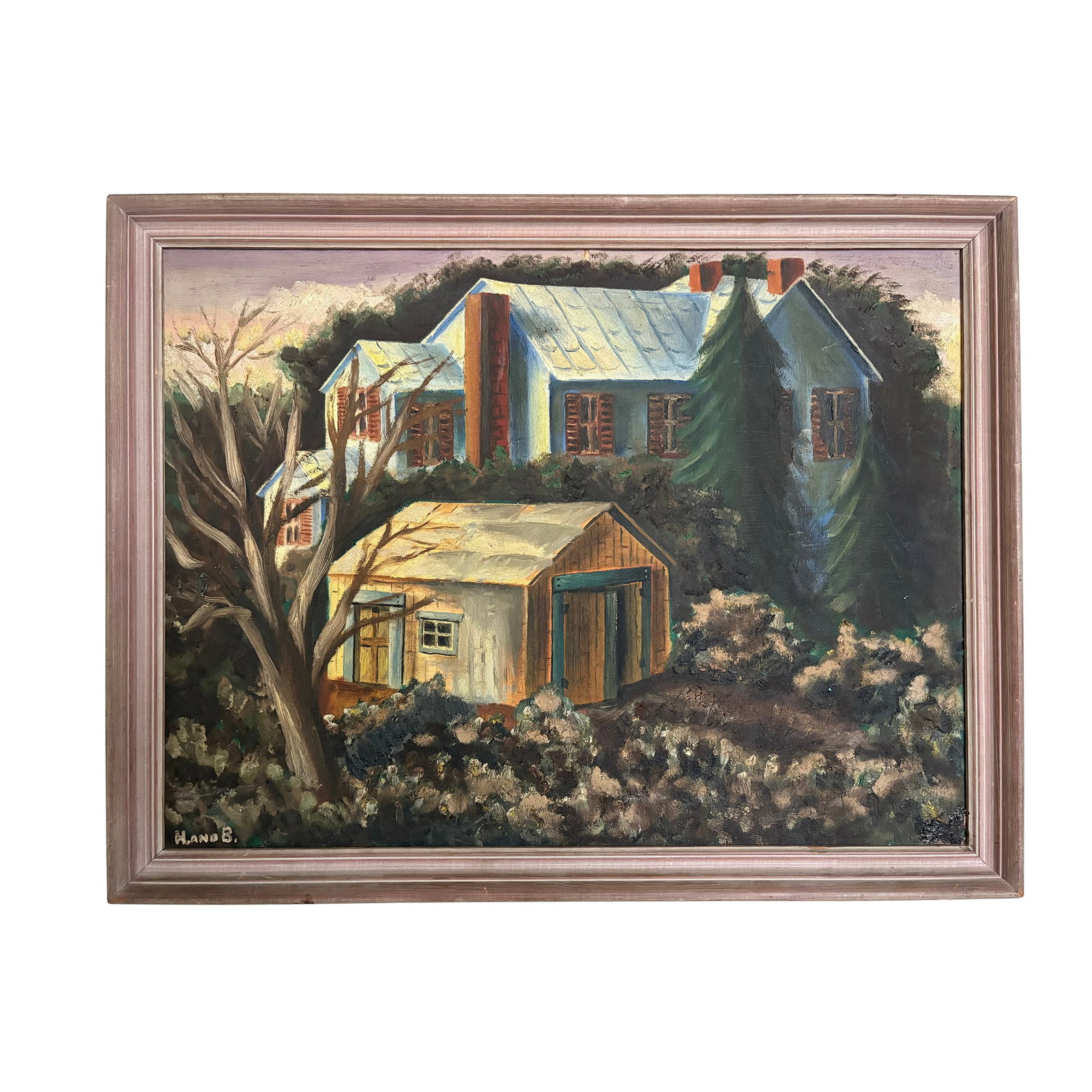 1950s Vintage Painting - Charles Burchfield Style: A romantic and fantastic depiction of nature and townscape that feels as if painted by Charles Ephraim Burchfield (1893-1967). A unique style of painting that reflects a distinctly American subject de