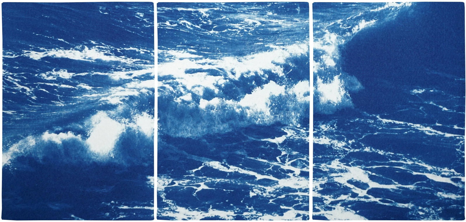 2020 Australian Landscape Nautical Triptych Cyanotype Print on Watercolor PaperMulti Paneled Art by: This is an exclusive handprinted limited edition cyanotype. This blue and white triptych shows vigorous waves in Bells Beach, one of the most iconic shores in Australia. Details: + Title: Australian R