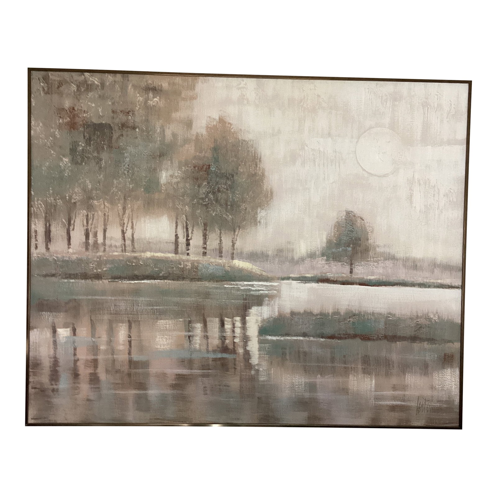Mid Century Modern Impressionist Massive Lee Reynolds Serene Nature Scene Oil Panting Framed: The product is an original oil painting by artist Lee Reynolds, depicting a serene nature scene in a modern impressionist style. The painting is framed and showcases a peaceful and natural theme,