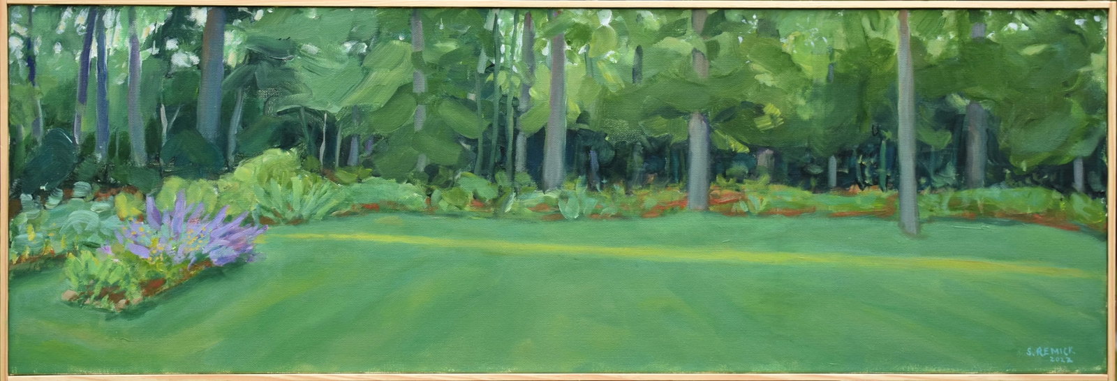 Contemporary Acrylic Plein Air Painting, Backyard in Summer, by Stephen Remick, Framed: Late afternoon in the backyard. Peaceful moments spent outdoors, bringing a breath of rejuvenating fresh air. Contemplating a walk in those woods you know so well, but always manage to surprise you.