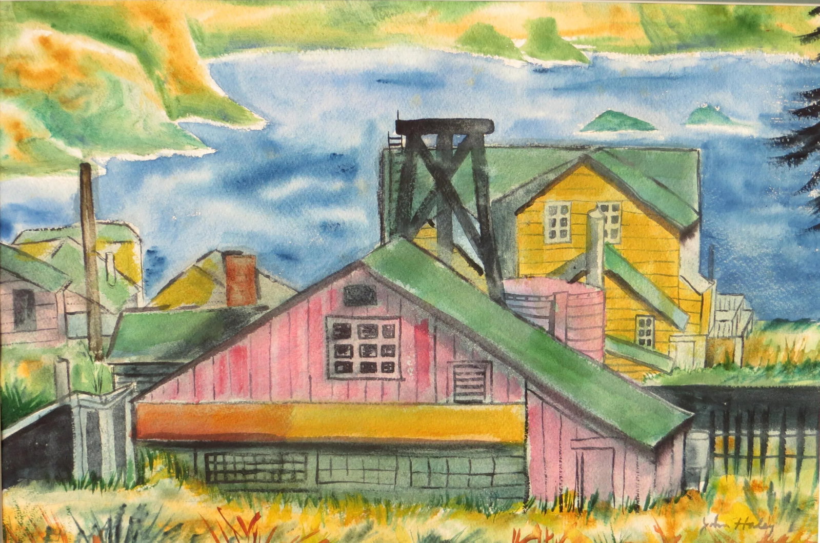 Early Modern California Watercolor Painting, Attributed to John Haley: Artist: Attributed to John Charles Haley - American (1905-1991) Title: Untitled Year: circa 1940 Medium: Watercolor Sight size: 13.5 x 20.5 inches. Framed size: 21 x 28 inches Signature: Signed lower 