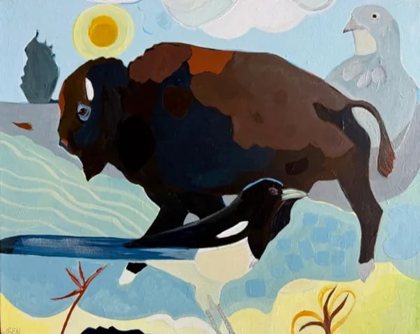 Bison Scape a Landscape With Bison and Birds by LWren Walraven: This 20" x 16" stretched canvas holds a scene I have witnessed in Yellowstone National Park. The bison done is various temperatures of color against a harmonized blue with yellow along the bottom.