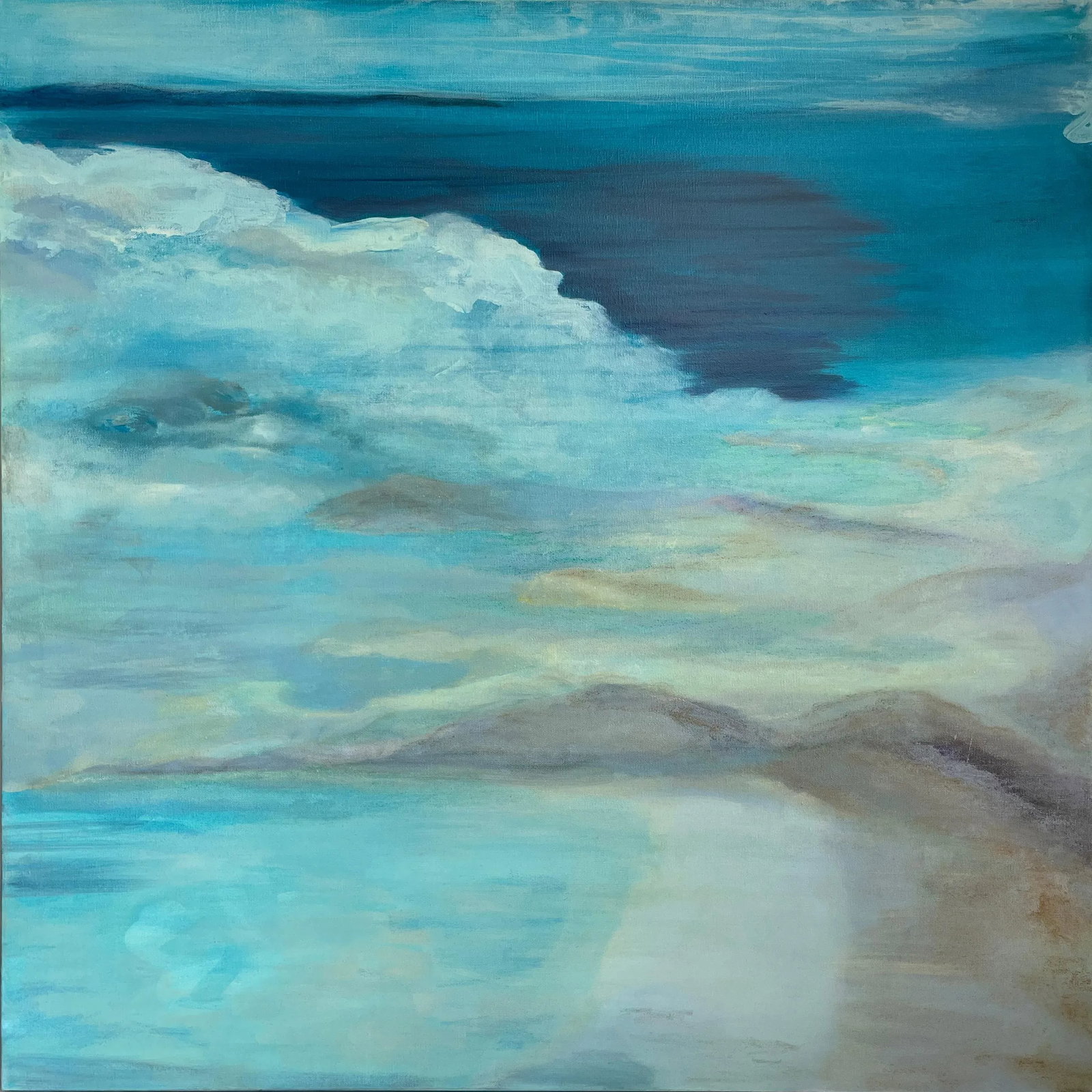 Coastal Contemporary Dreamscape - Large Abstract Seascape Painting in Cerulean Blue & Aqua Tones for: This painting is an ethereal, abstract seascape rendered in soft, blended hues of turquoise, aquamarine, golden sand, pale lavender, and muted greys. The composition suggests a tranquil shoreline