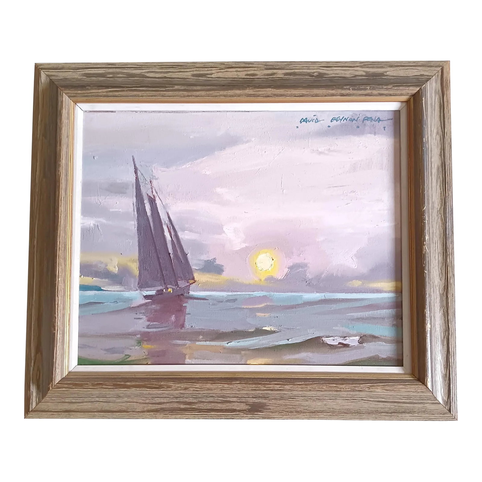 Schooner Sailing Into a Violet Sunset Oil Painting by David Beynon Pena: This 2008 original oil painting of a schooner with full sails heading into the sunset was painted in Penobscot Bay in the Fox Islands Thorofare. Artist bio: David Beynon Pena (b. 1958) was an