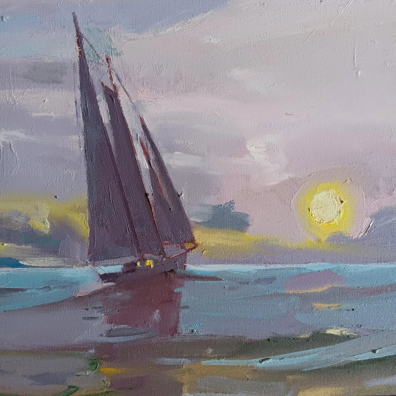 Schooner Sailing Into a Violet Sunset Oil Painting by David Beynon Pena - 2