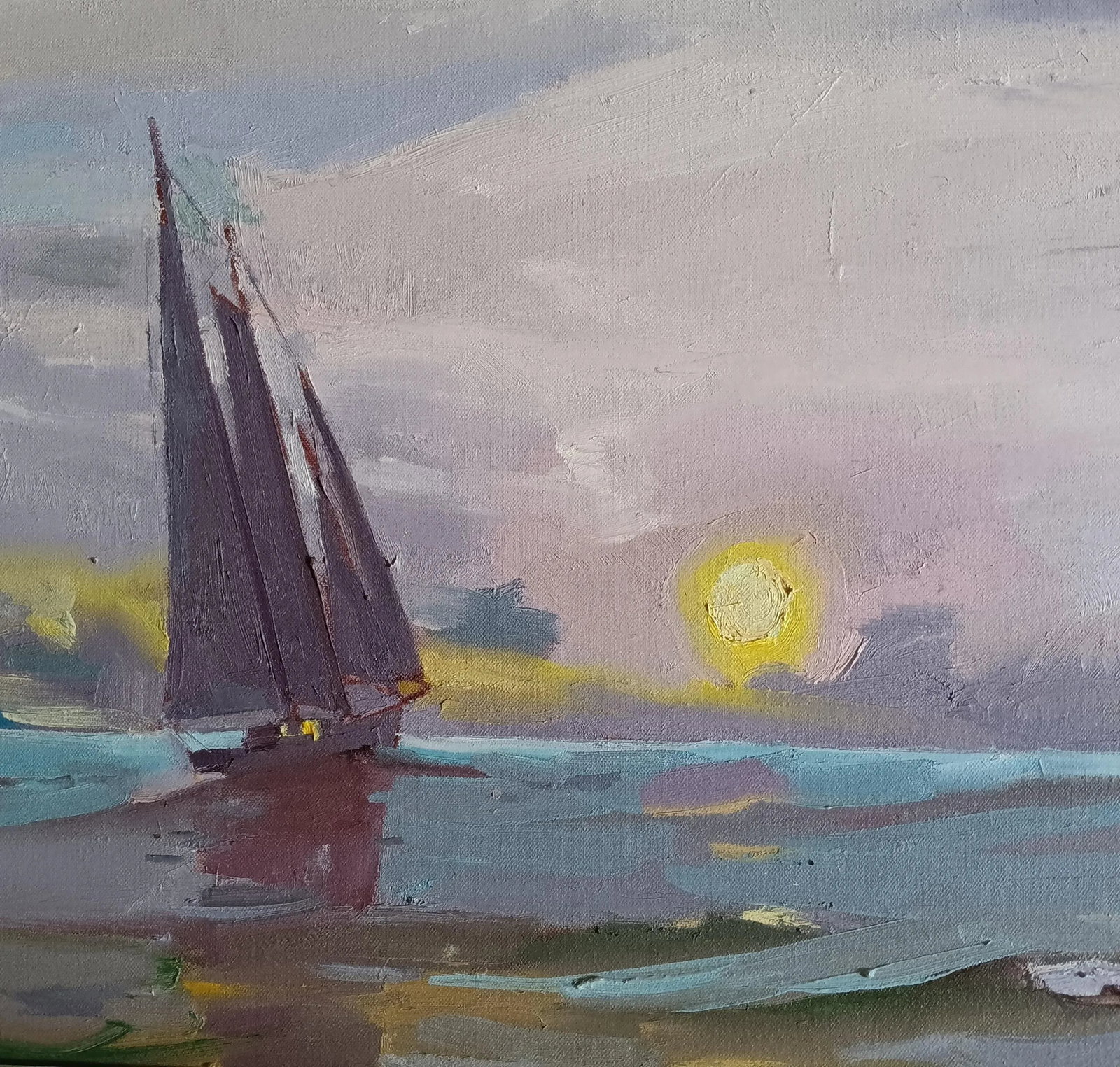 Schooner Sailing Into a Violet Sunset Oil Painting by David Beynon Pena - 3