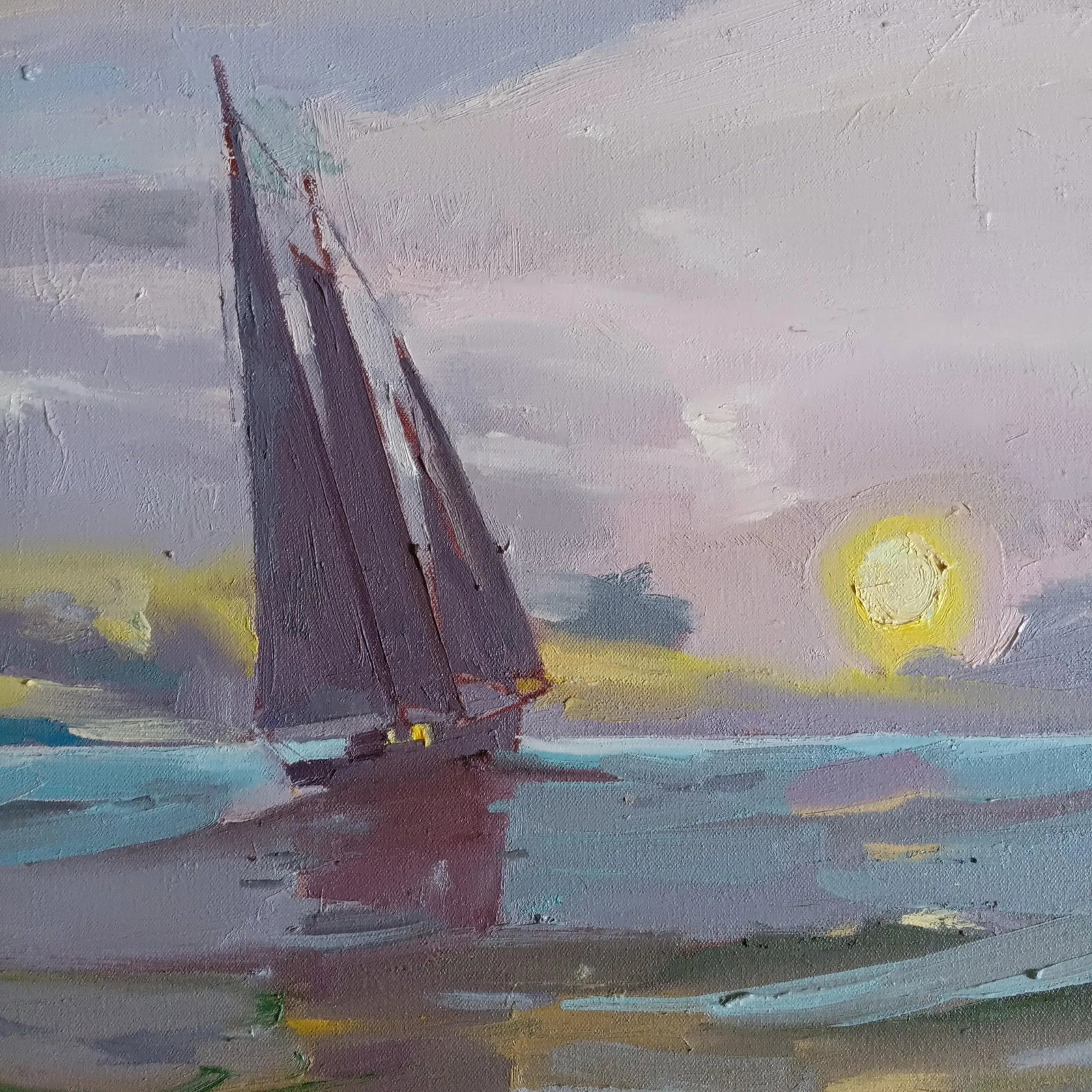 Schooner Sailing Into a Violet Sunset Oil Painting by David Beynon Pena - 4