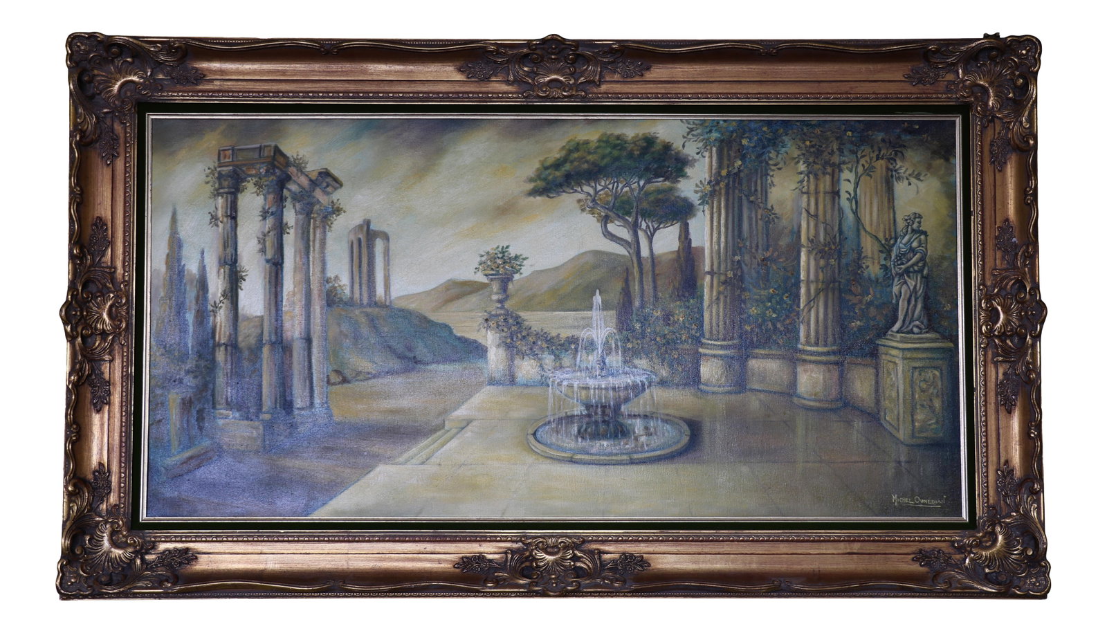 Michel J. Oumedian Modernist French Landscape: This garden scene on canvas was painted by Michel J. Oumedian, 1896 to 1970. He was born in Constantinople and immigrated to Michigan and later lived and worked as a commercial artist in Los Angeles.