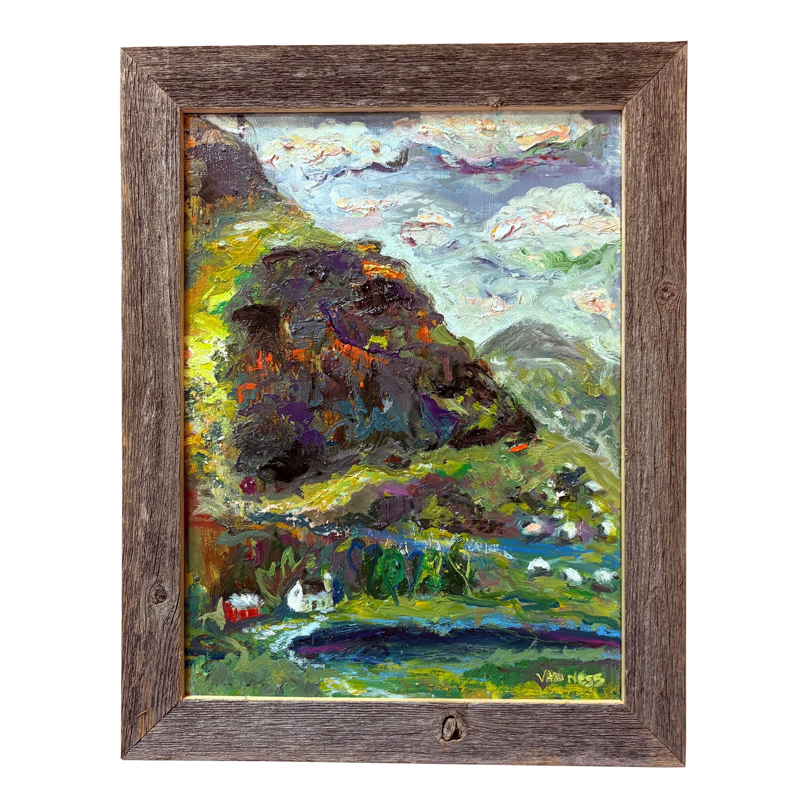 Outlander Scottish Home on the Hill, Original Oil Painting, by Van Ness: 12"x16" oil on canvas. Wood framed size 15"x19". Scotland hills with a home and sheep. The feeling of living in the remote mountains of Scotland. Sheep graze the hillside while protected my the hills.
