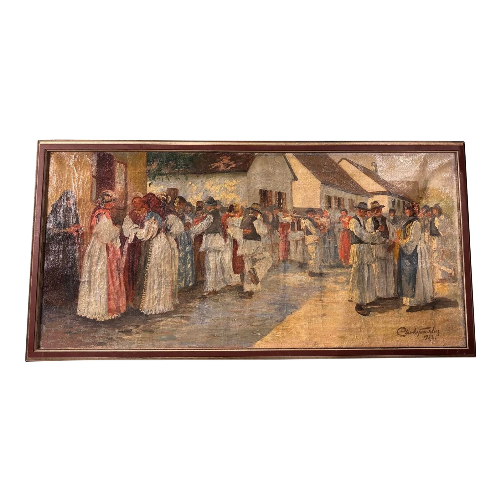 Vintage Artist Signed 1923 Landscape Street Scene People Oil Painting on Canvas, Framed: Vintage Artist Signed 1923 Landscape Street Scene People Oil Painting on Canvas In good original condition showing some typical age-appropriate wear from normal use Professionally framed, artist