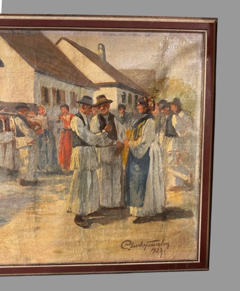 Vintage Artist Signed 1923 Landscape Street Scene People Oil Painting on Canvas, Framed - 3