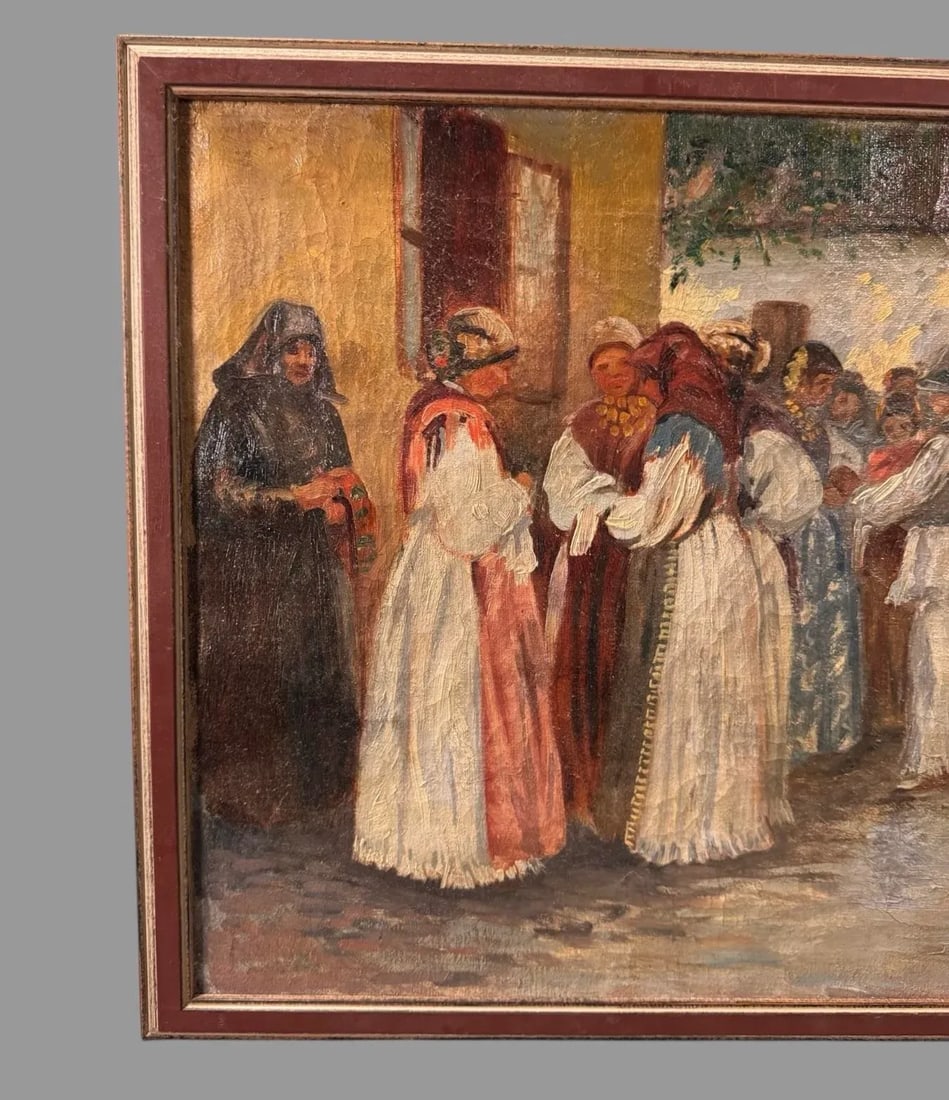 Vintage Artist Signed 1923 Landscape Street Scene People Oil Painting on Canvas, Framed - 4